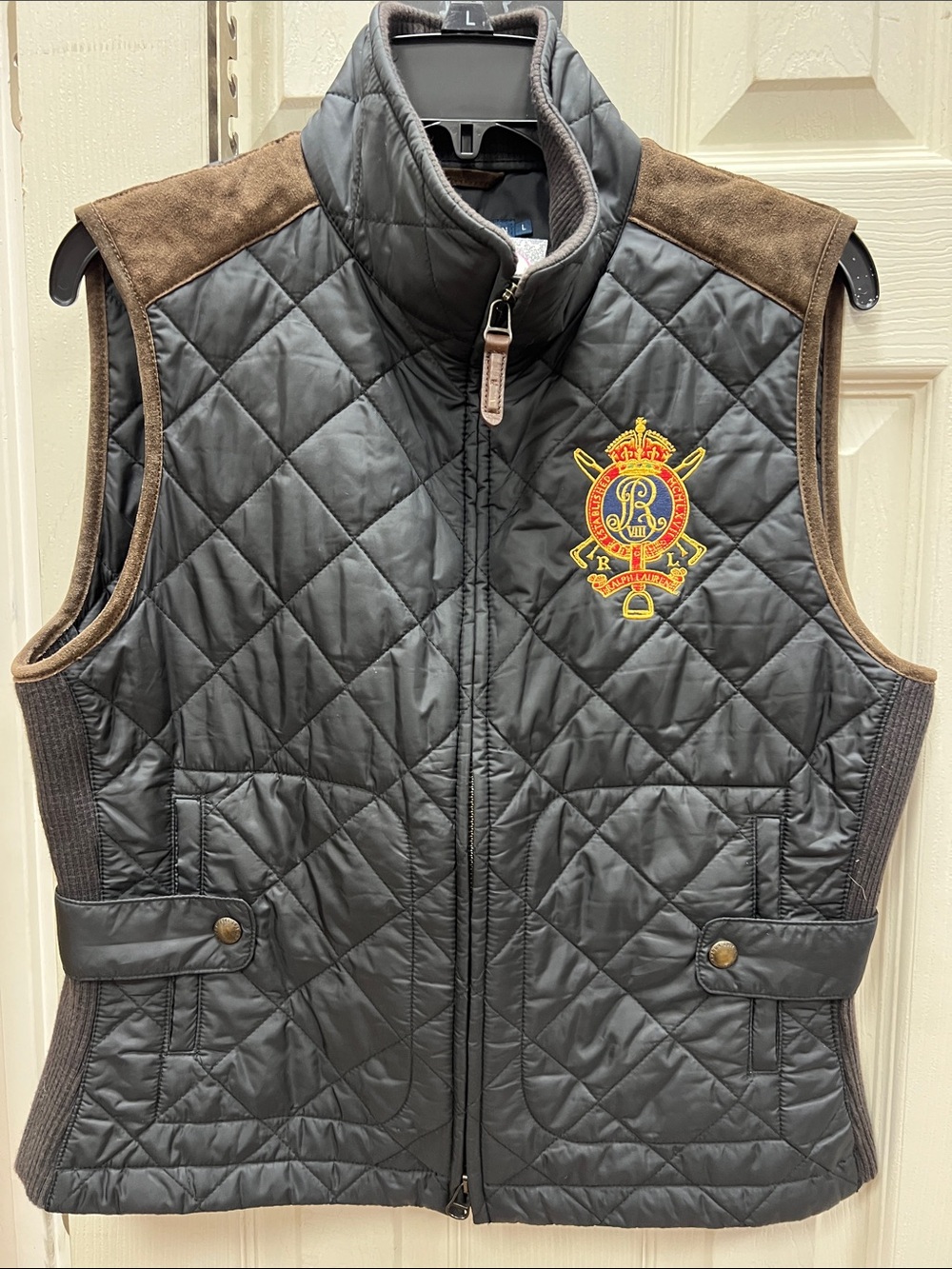 RALPH LAUREN | Equestrian quilted leather trim vest blk/brown